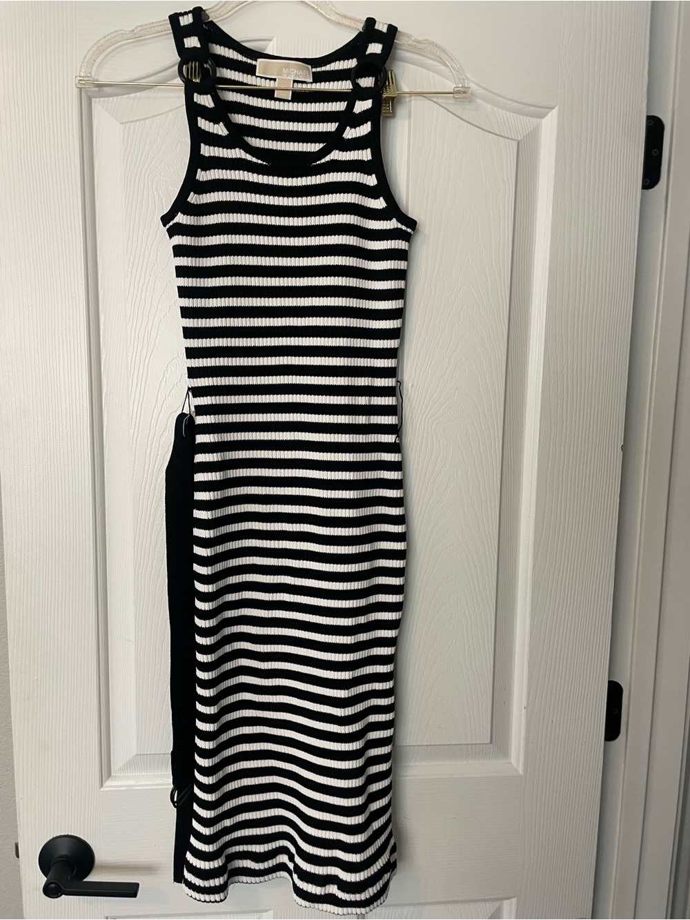 Michael Kors Black and White Striped Ribbed Tank Midi Dress